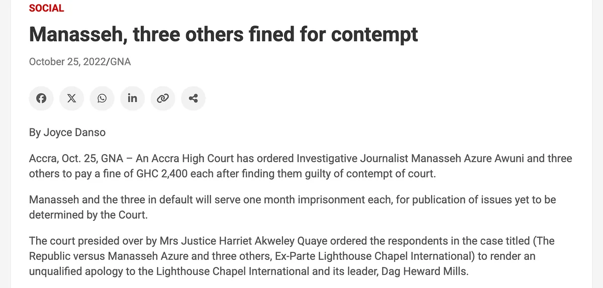 Ghana News Agency, 25 October 2022: the contempt ruling and the ordered apology to the church and to Bishop Dag Heward-Mills.